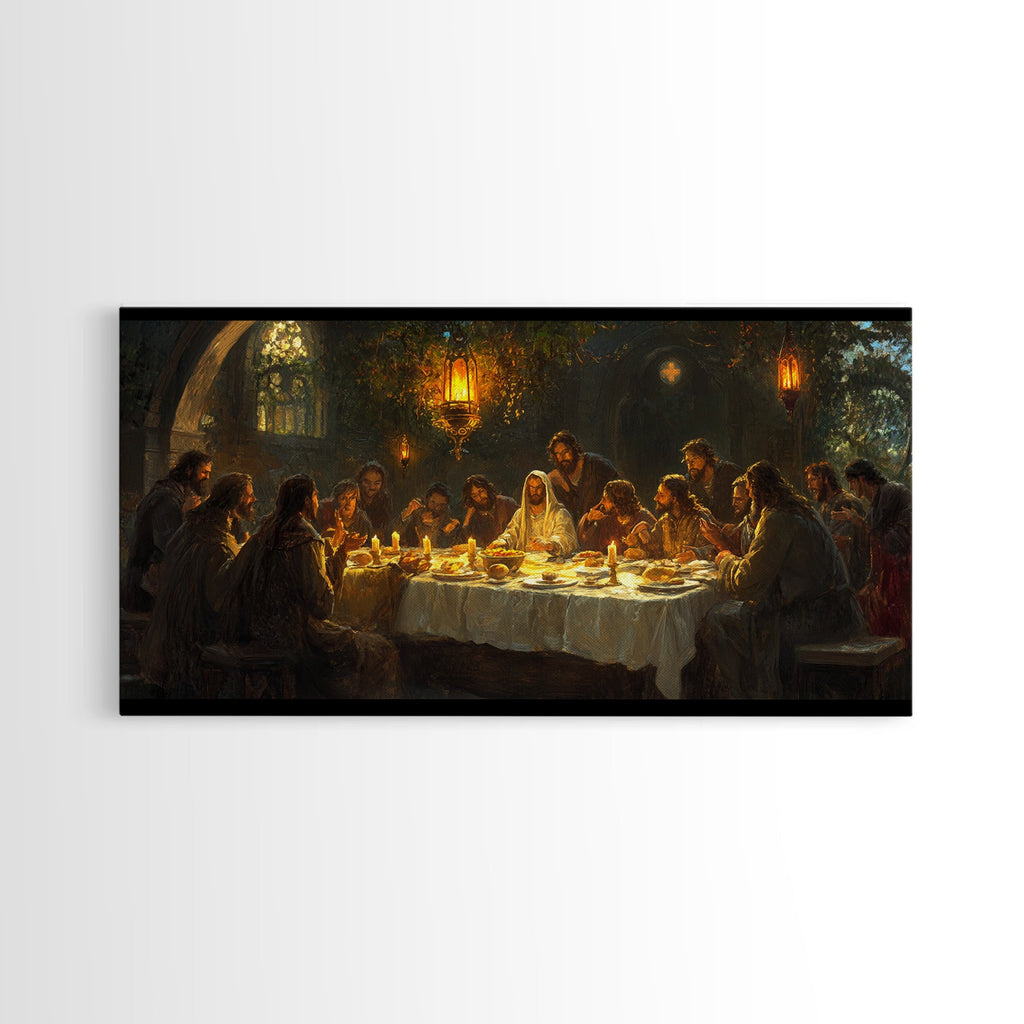 Painting of a group of people around a table with a focus on religious significance.