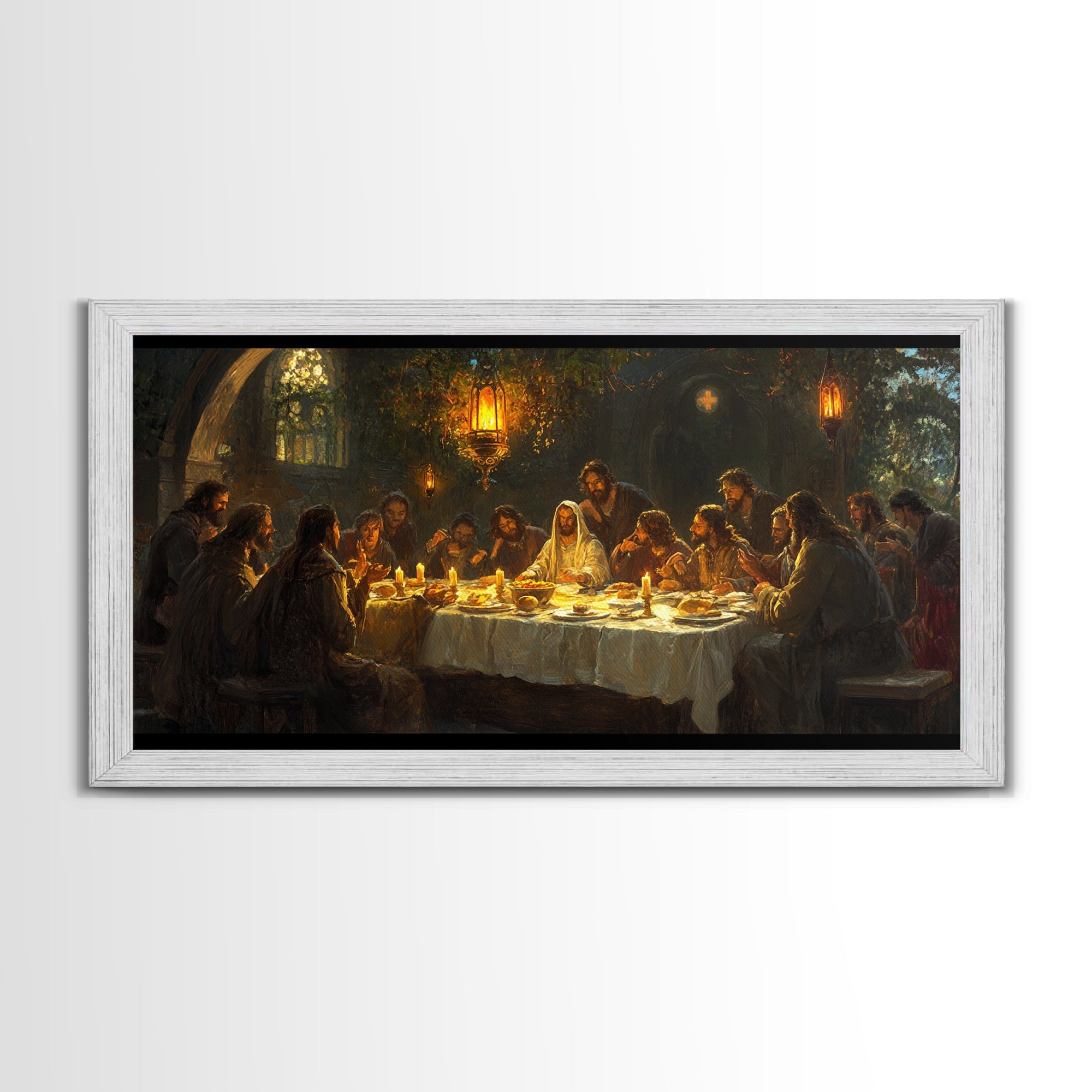 Framed artwork of a religious scene with people around a table.