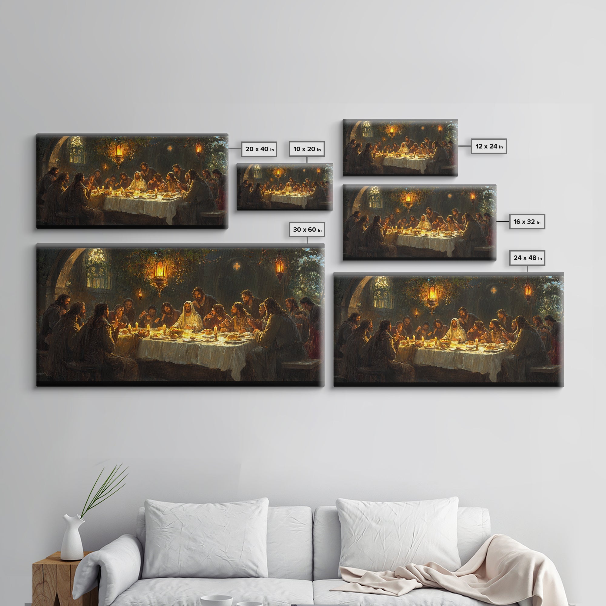 Set of six framed artworks depicting a classical scene on a gray wall above a white sofa.