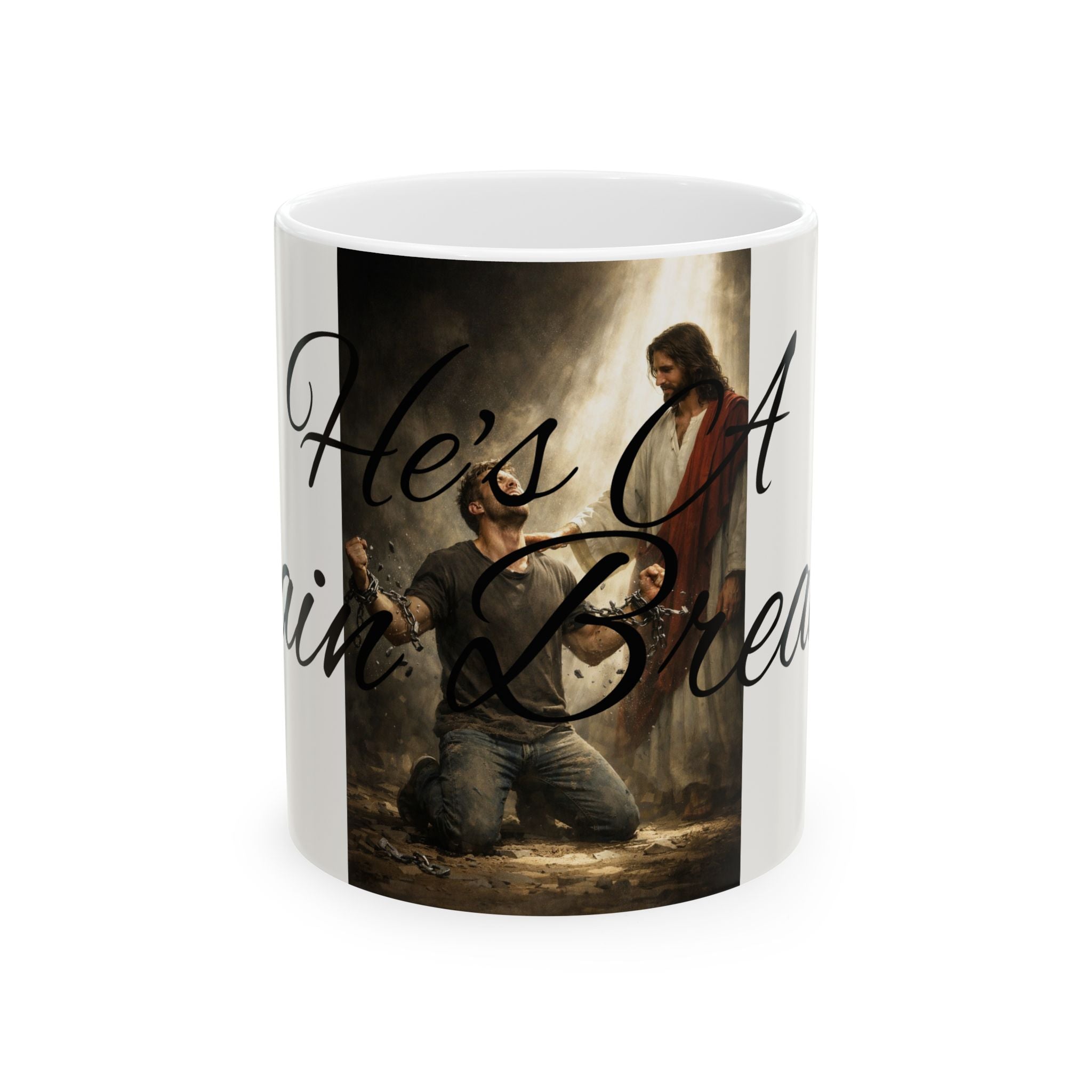 Christian Prayer Mug - "He's A Chain Breaker" Inspirational Ceramic Coffee Cup