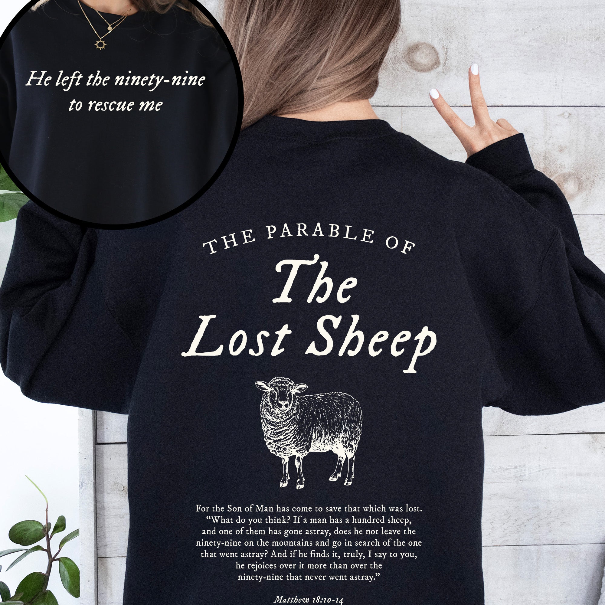 Parable of the Lost Sheep, Front and Back, Bible Verse Sweatshirt