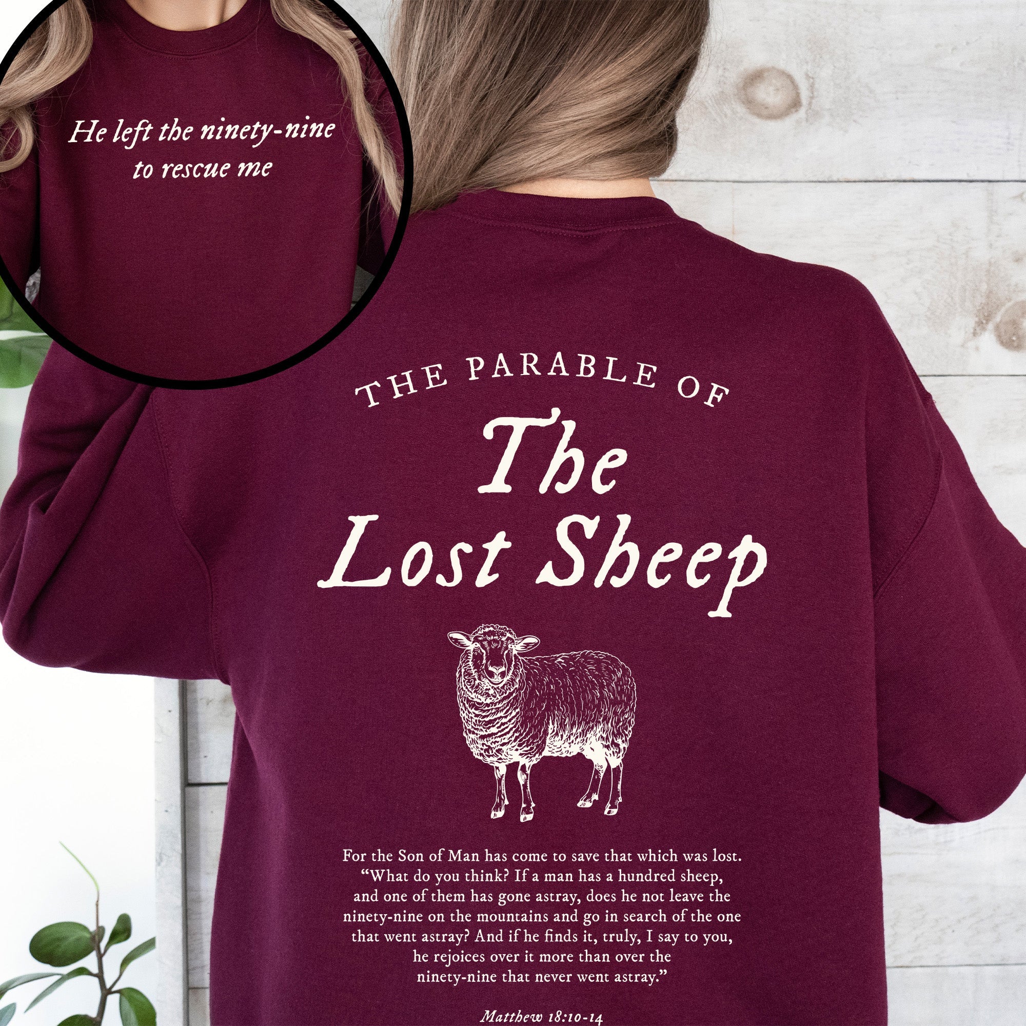Parable of the Lost Sheep, Front and Back, Bible Verse Sweatshirt