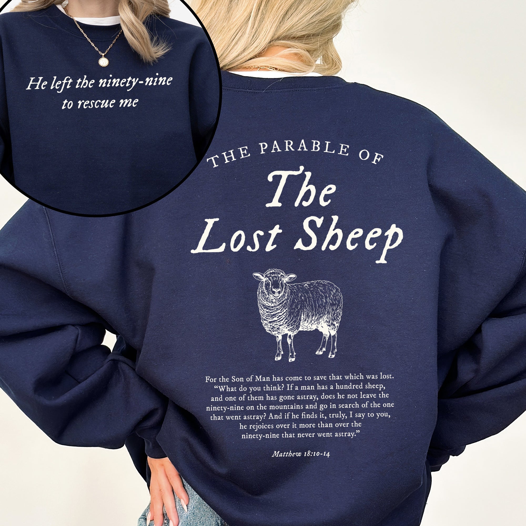 Parable of the Lost Sheep, Front and Back, Bible Verse Sweatshirt