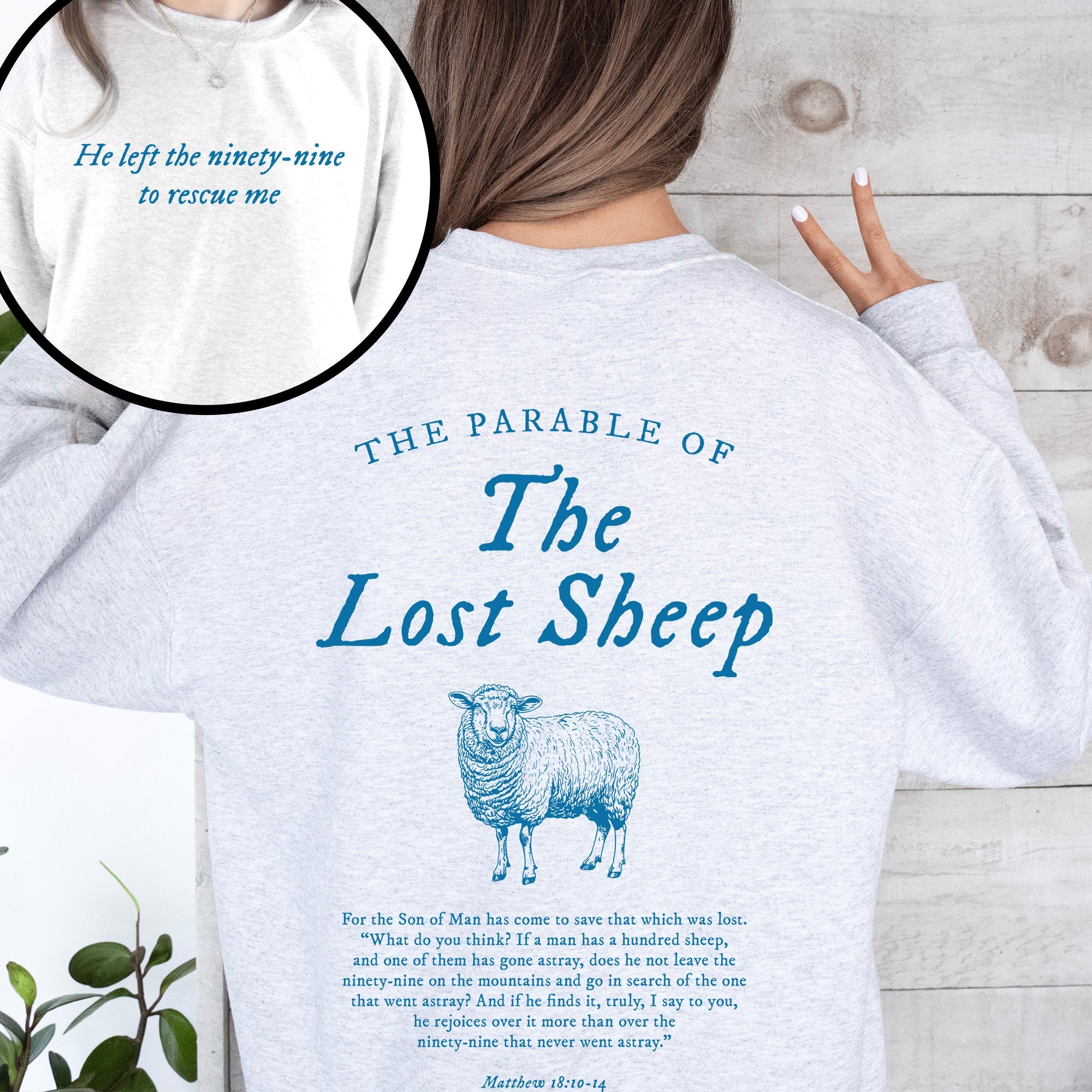 Parable of the Lost Sheep, Front and Back, Bible Verse Sweatshirt