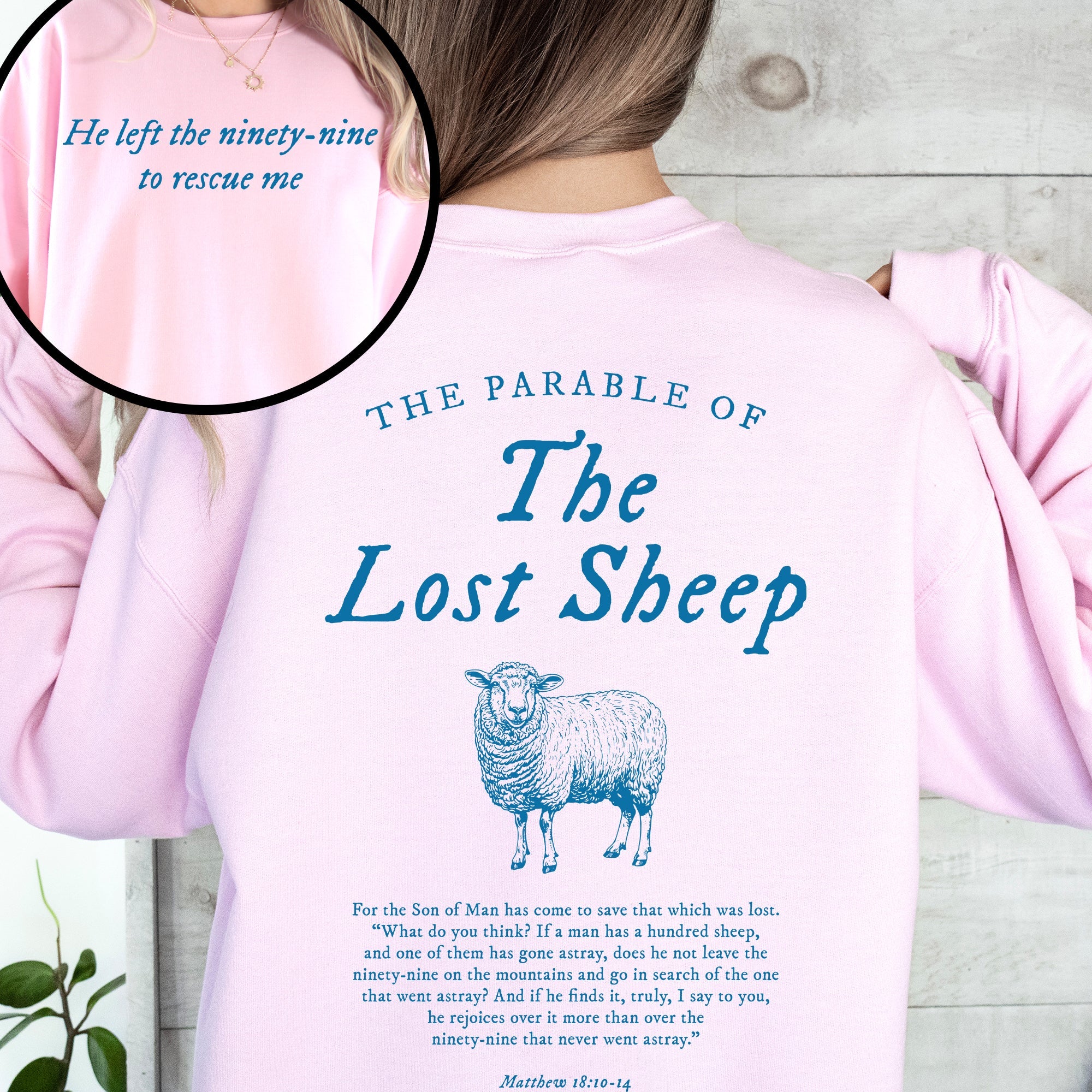 Parable of the Lost Sheep, Front and Back, Bible Verse Sweatshirt