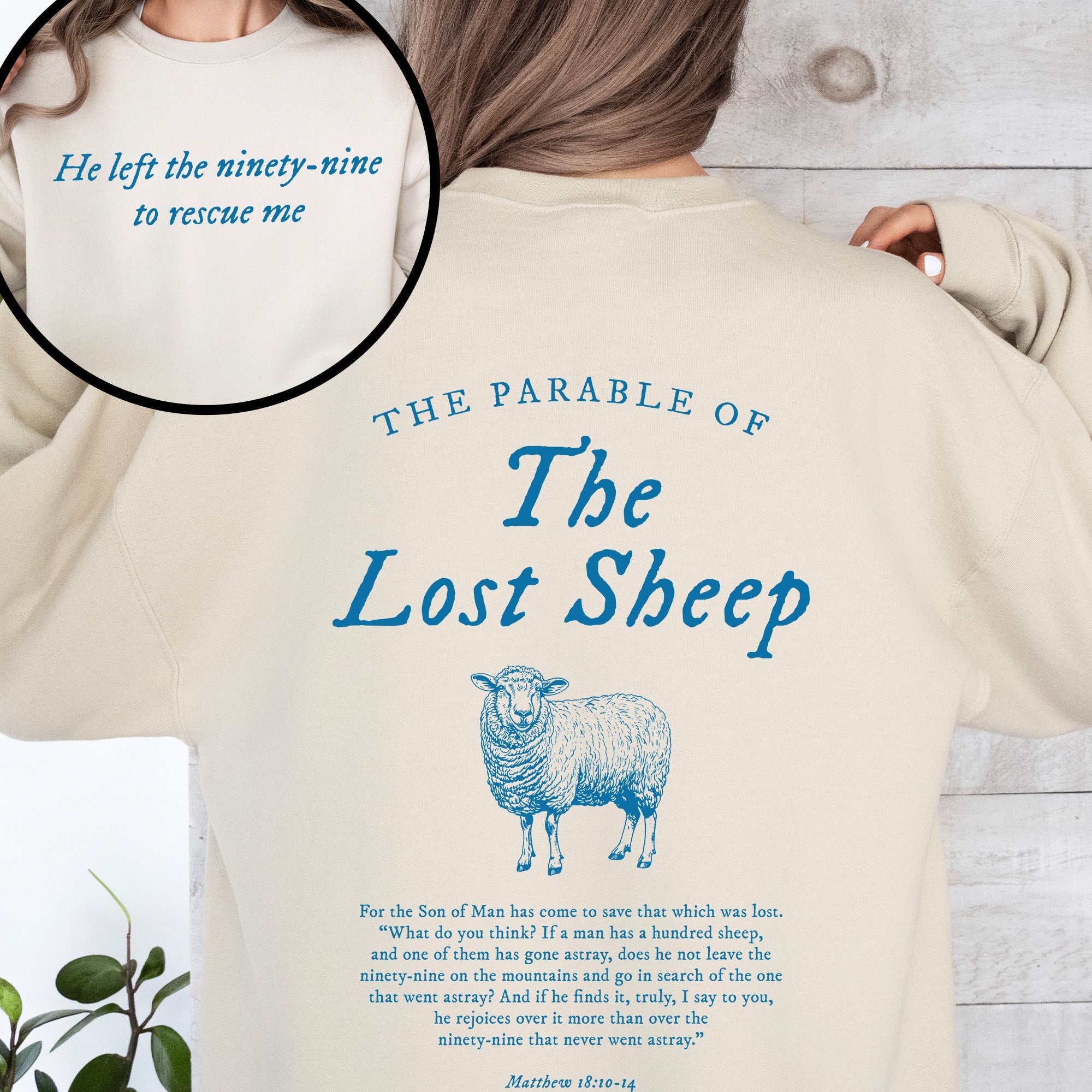 Parable of the Lost Sheep, Front and Back, Bible Verse Sweatshirt