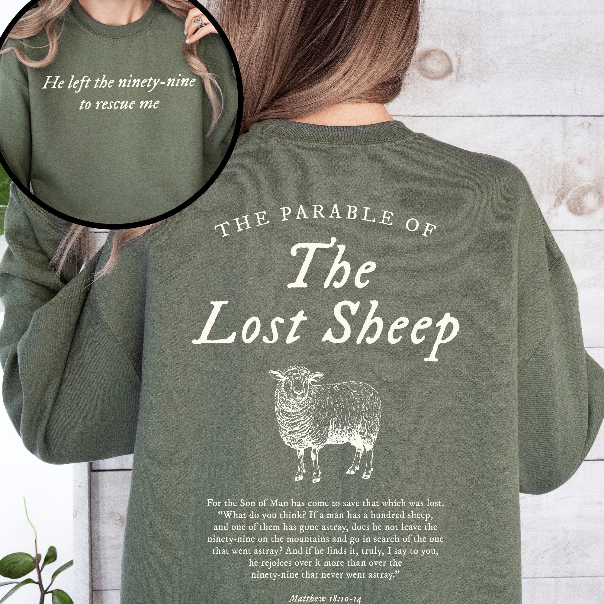 Parable of the Lost Sheep, Front and Back, Bible Verse Sweatshirt