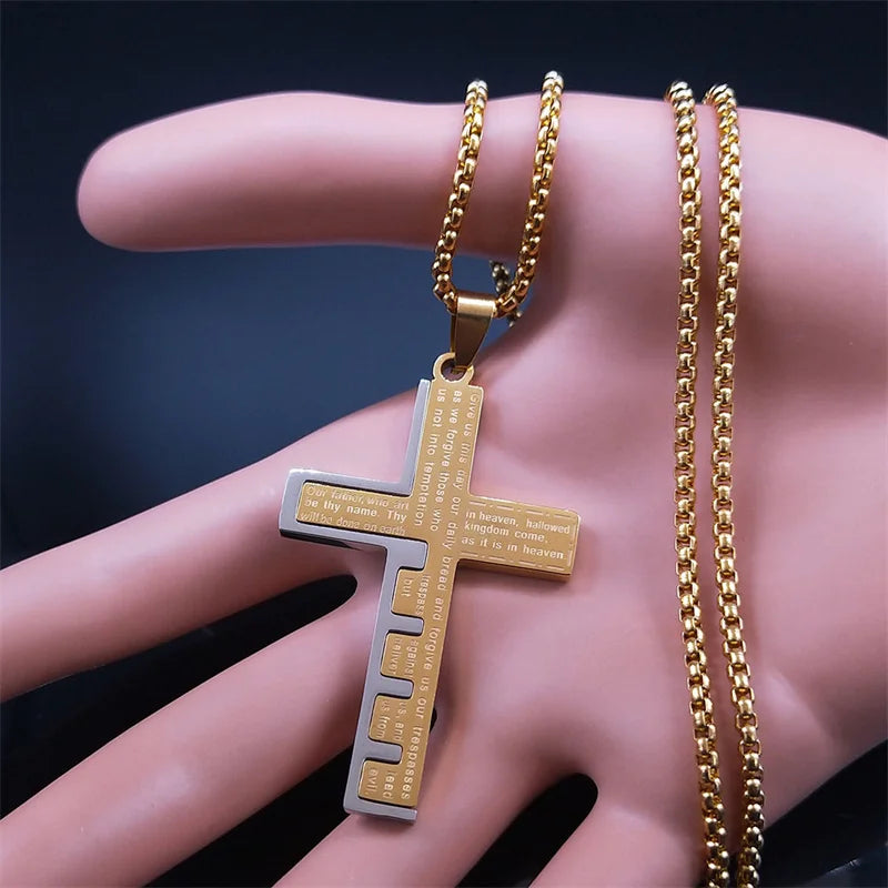 Men's Christian Cross Prayer Necklace | Gold Stainless Steel