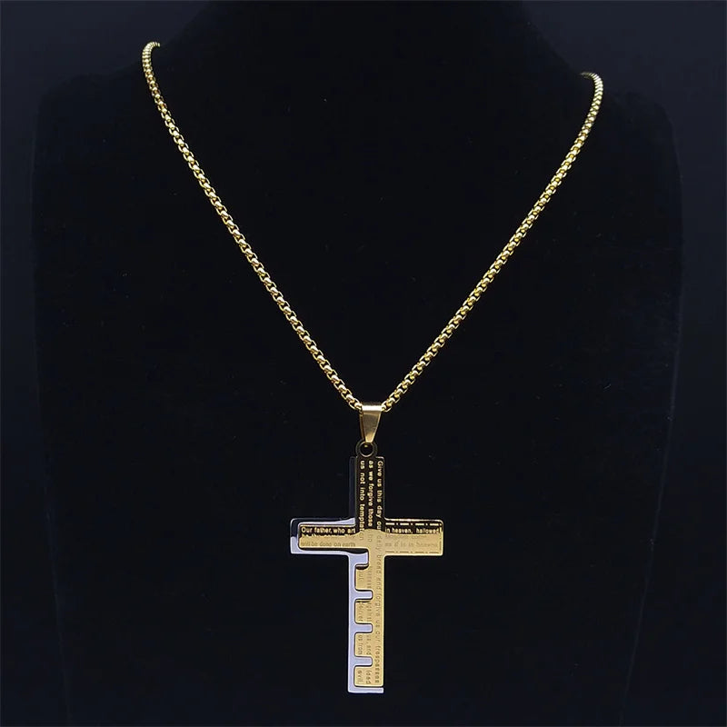 Men's Christian Cross Prayer Necklace | Gold Stainless Steel