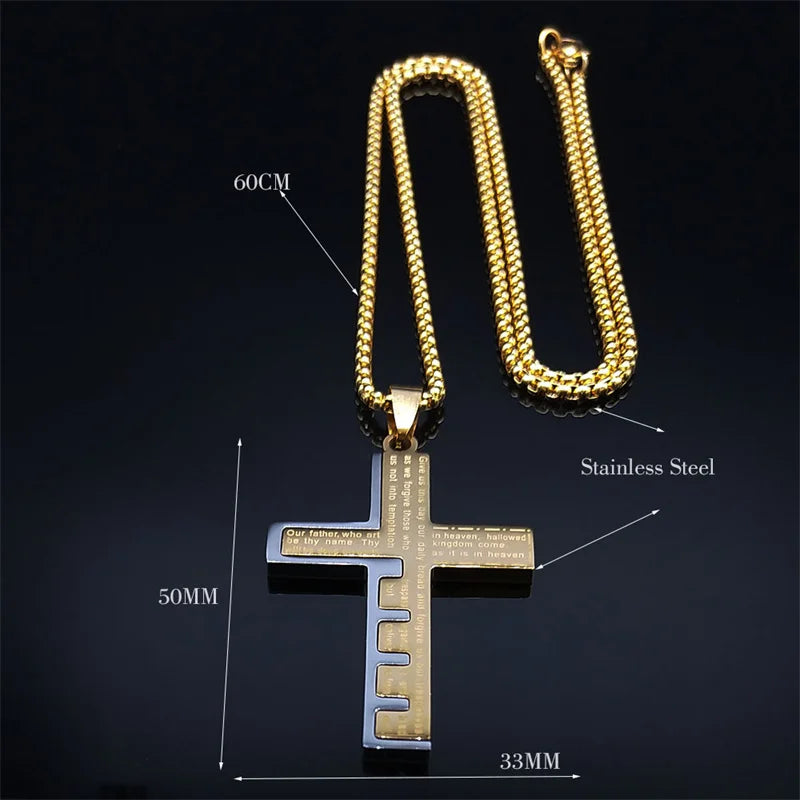 Men's Christian Cross Prayer Necklace | Gold Stainless Steel
