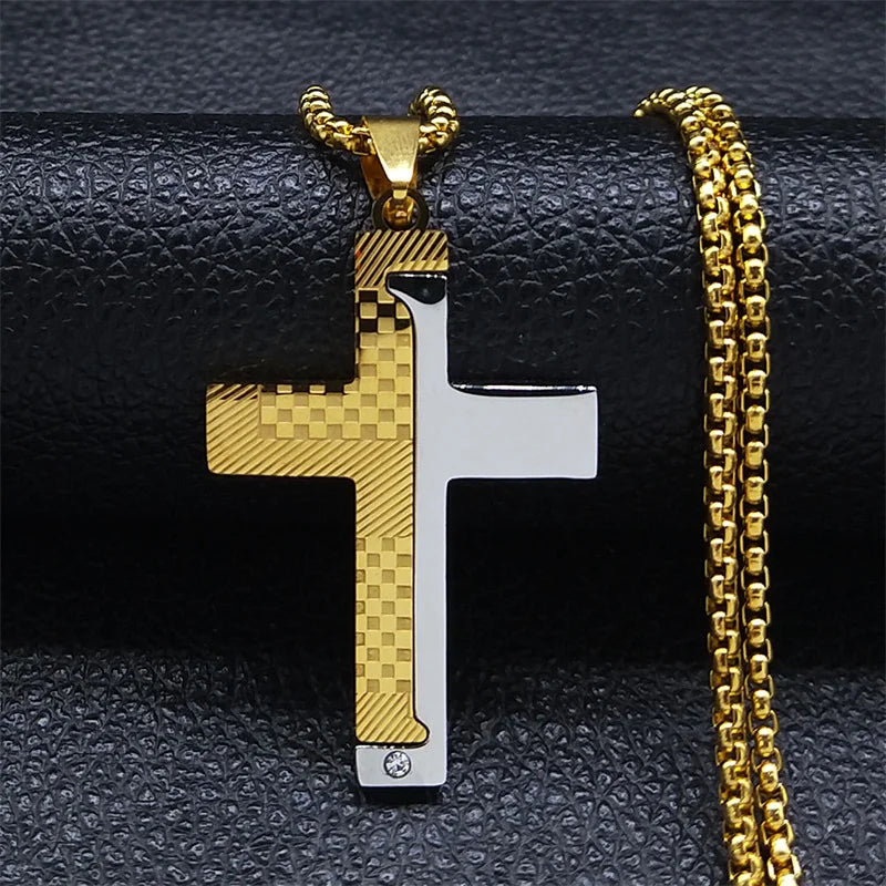 Men's Christian Cross Prayer Necklace | Gold Stainless Steel