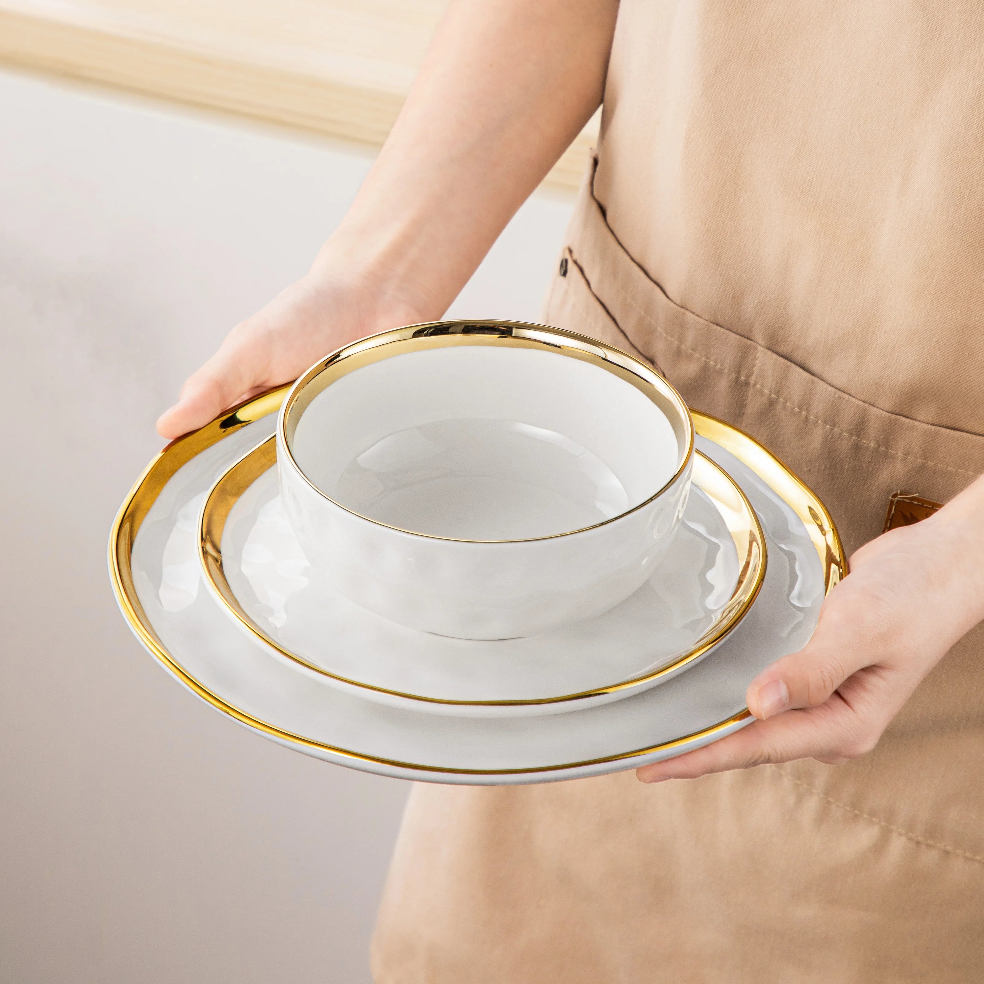 LOVECASA 12/24 Piece Ceramic Porcelain White and Golden Rim Dinnerware Sets With 4/8 PCS Dinner Plate/Dessert/Cereal Bowl for 4