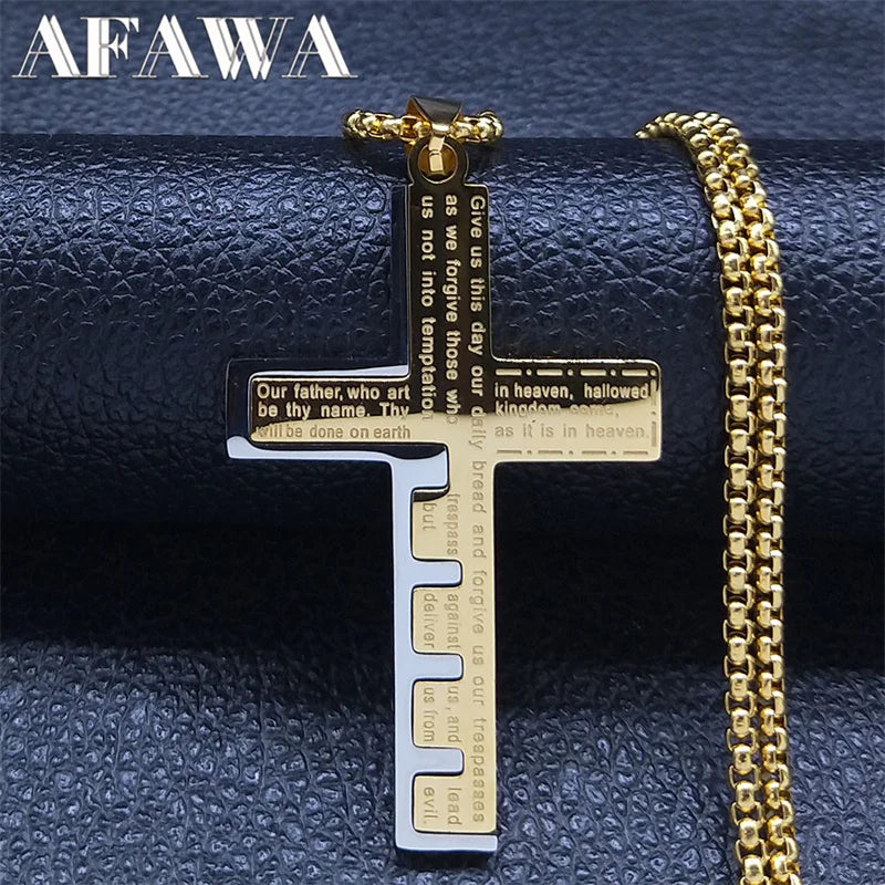 Men's Christian Cross Prayer Necklace | Gold Stainless Steel