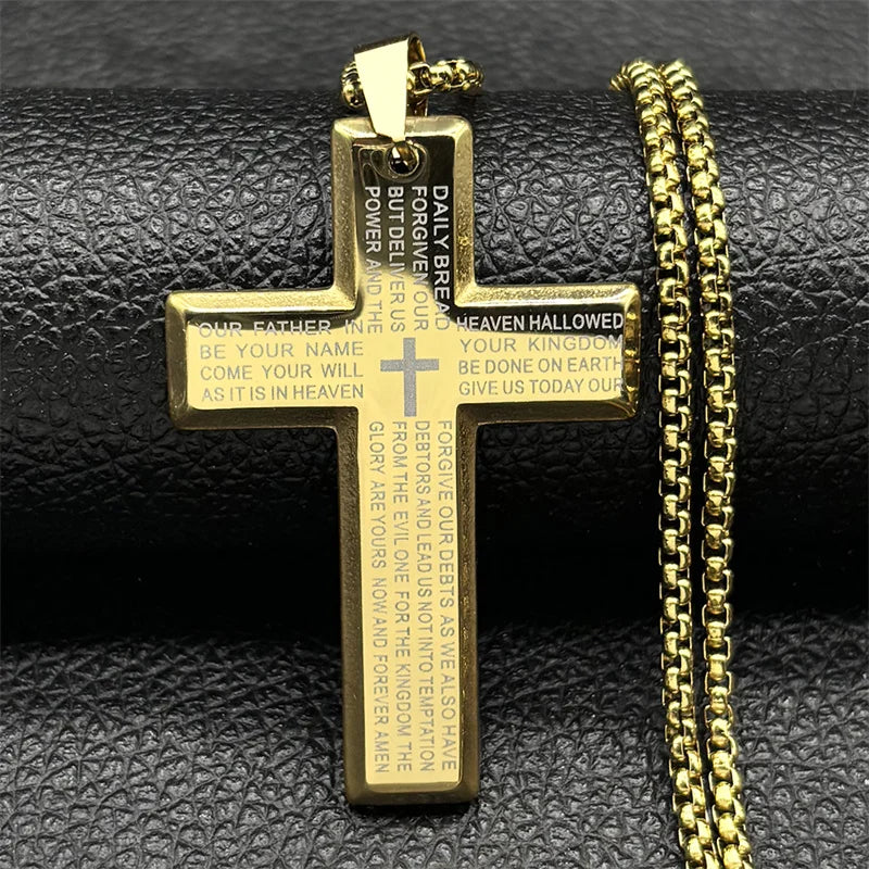 Men's Christian Cross Prayer Necklace | Gold Stainless Steel
