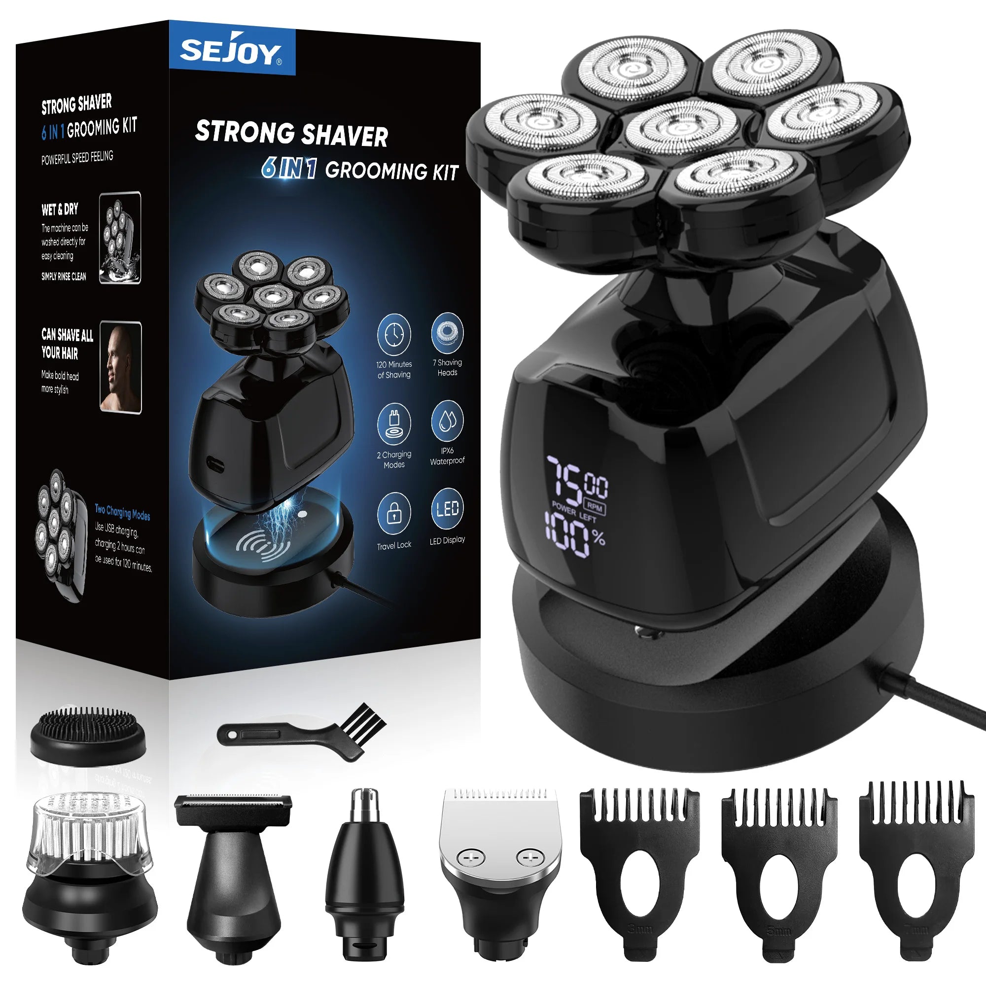 SEJOY Electric Shaver for Men 7D Magnetic Floating Wet/Dry Head Razor Hair Trimmer USB Rechargeable LED Display Beard Trimmers