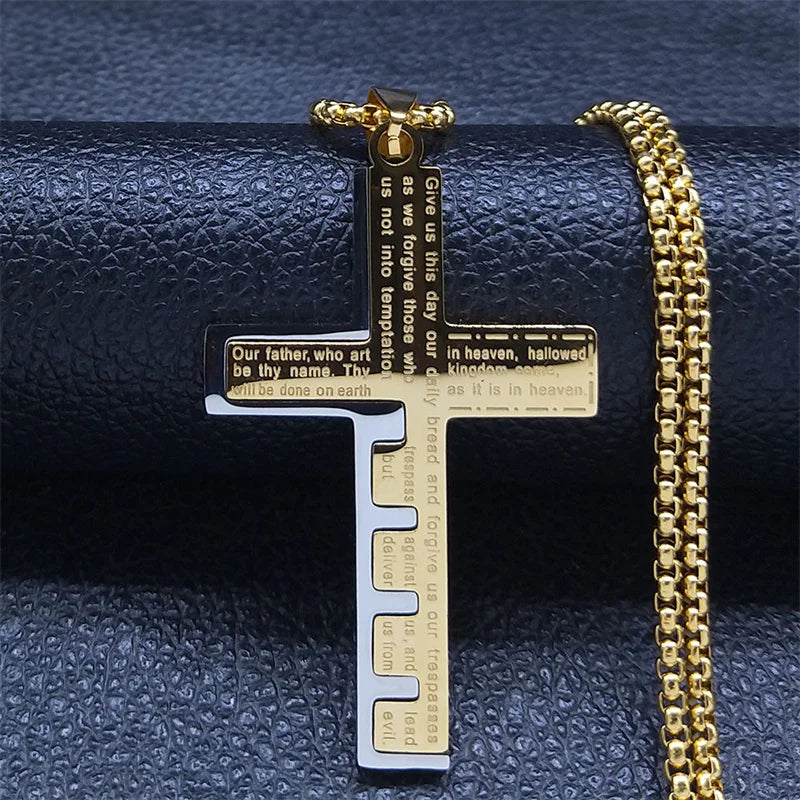 Men's Christian Cross Prayer Necklace | Gold Stainless Steel