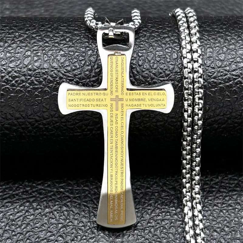 Men's Christian Cross Prayer Necklace | Gold Stainless Steel