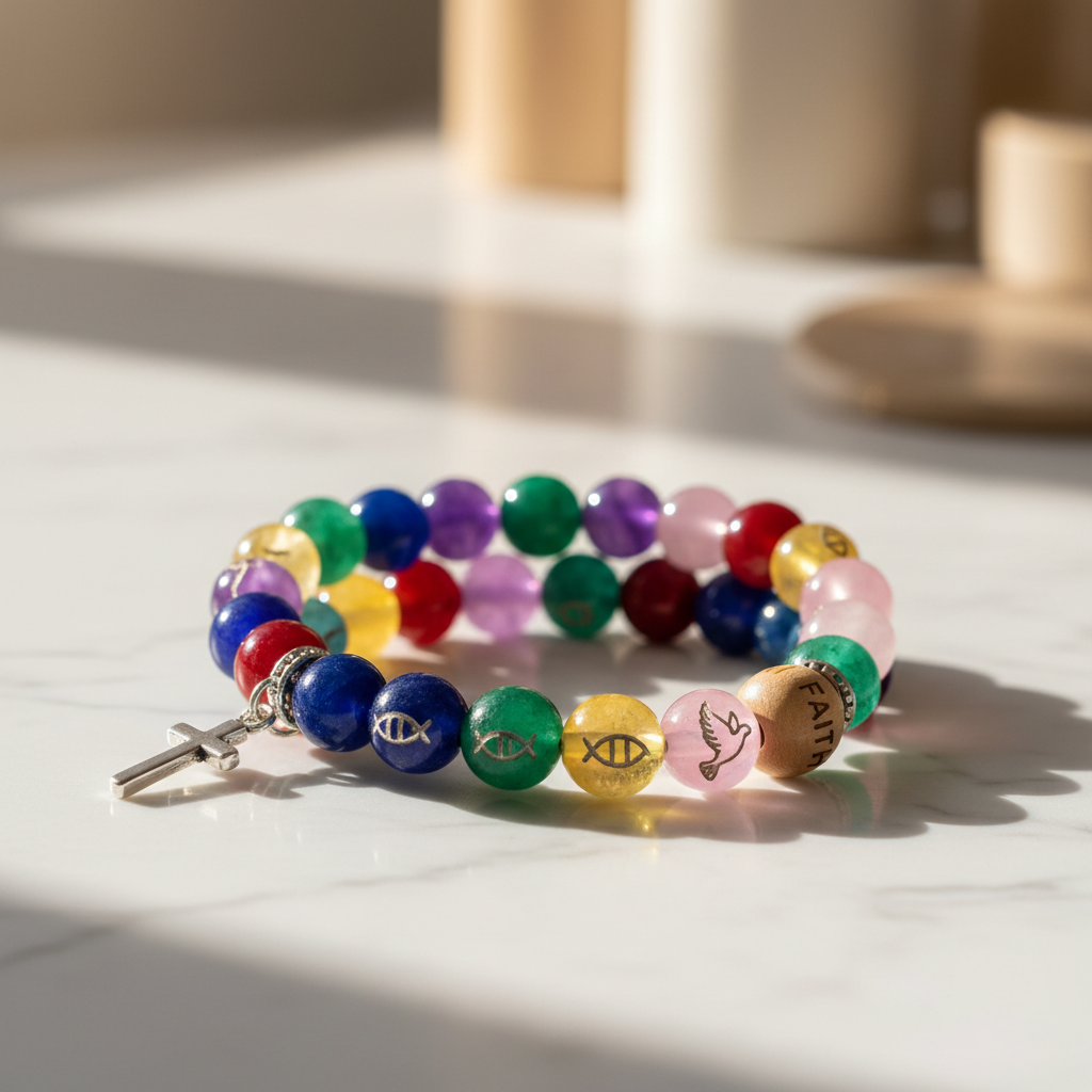 He Is Risen handmade Christian bead bracelet on marble surface